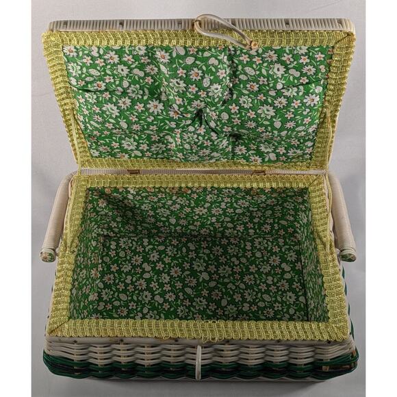 VTG Sewing Basket Woven and Hinged Bale Handle Cream Indonesian Wooden Bottom - Picture 3 of 10